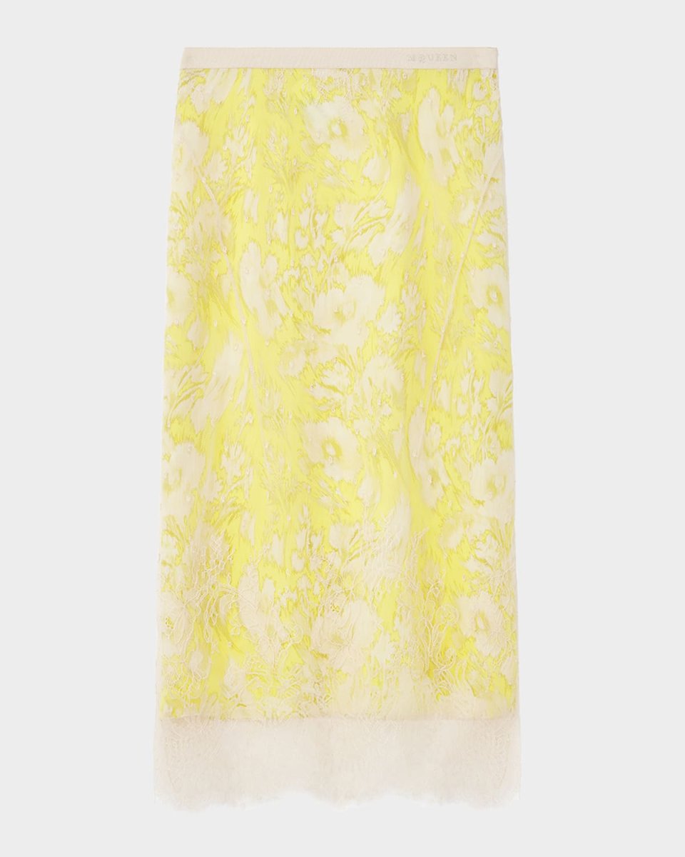 Floral Satin Lace-Trim Midi Slip Skirt